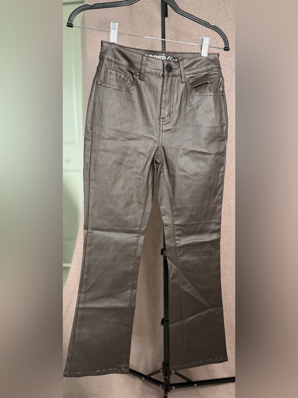 Copper Flash Size 2 Dark Brown Coated Jeans Faux Leather Look Straight Leg